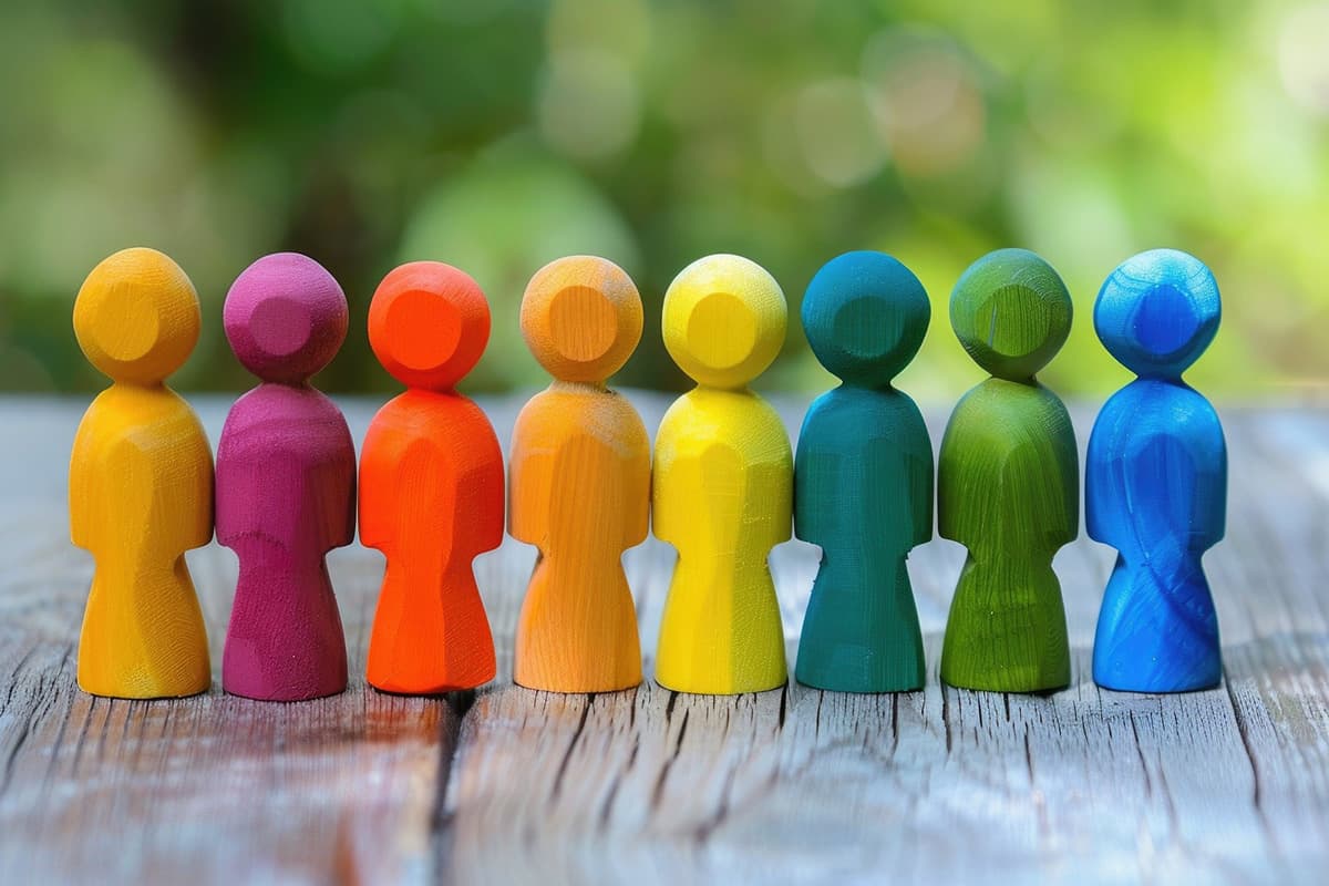 Otto statuine stilizzate in legno di vari colori allineate su una superficie rustica